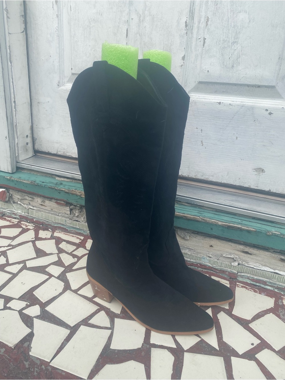 Classic Black mid Suede Boots with Stacked Heel
